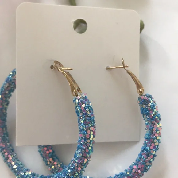 Blue Glitter Hoop Earrings - Picture 4 of 5